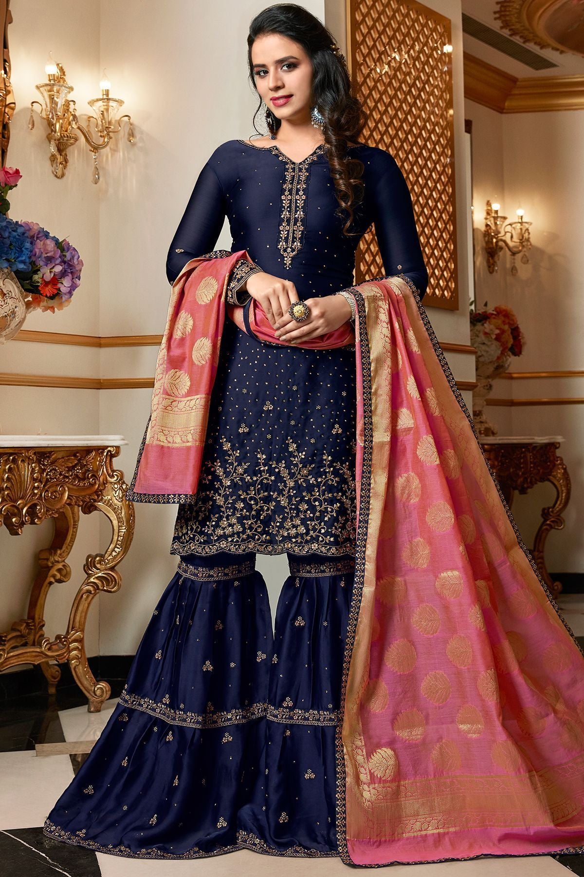 Midnight Blue Embroidered Sharara Suit