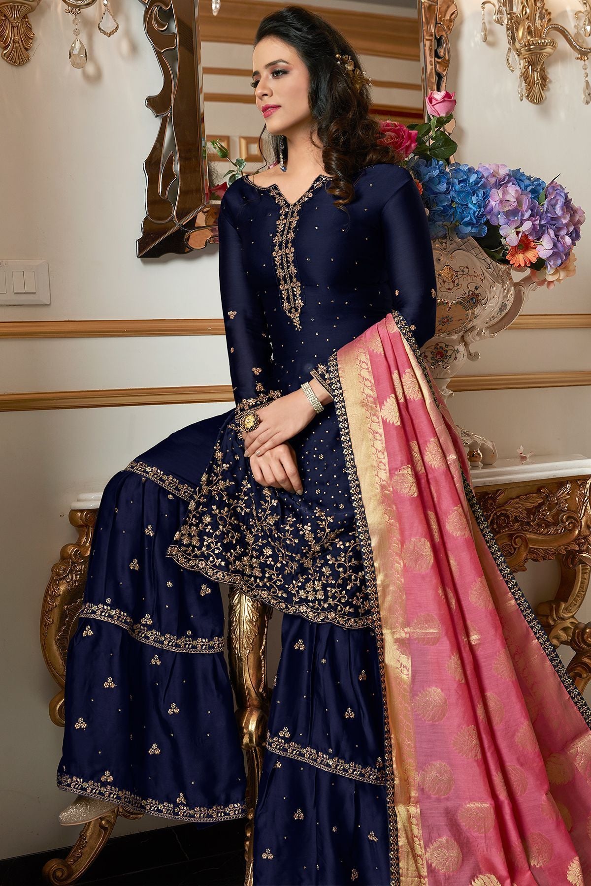 Midnight Blue Embroidered Sharara Suit