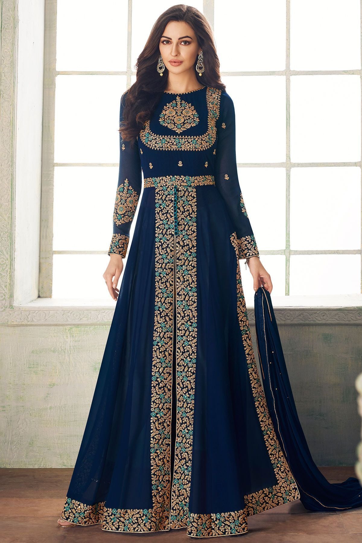 Midnight Blue Embroidered Slit Cut Suit
