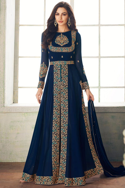 Midnight Blue Embroidered Slit Cut Suit