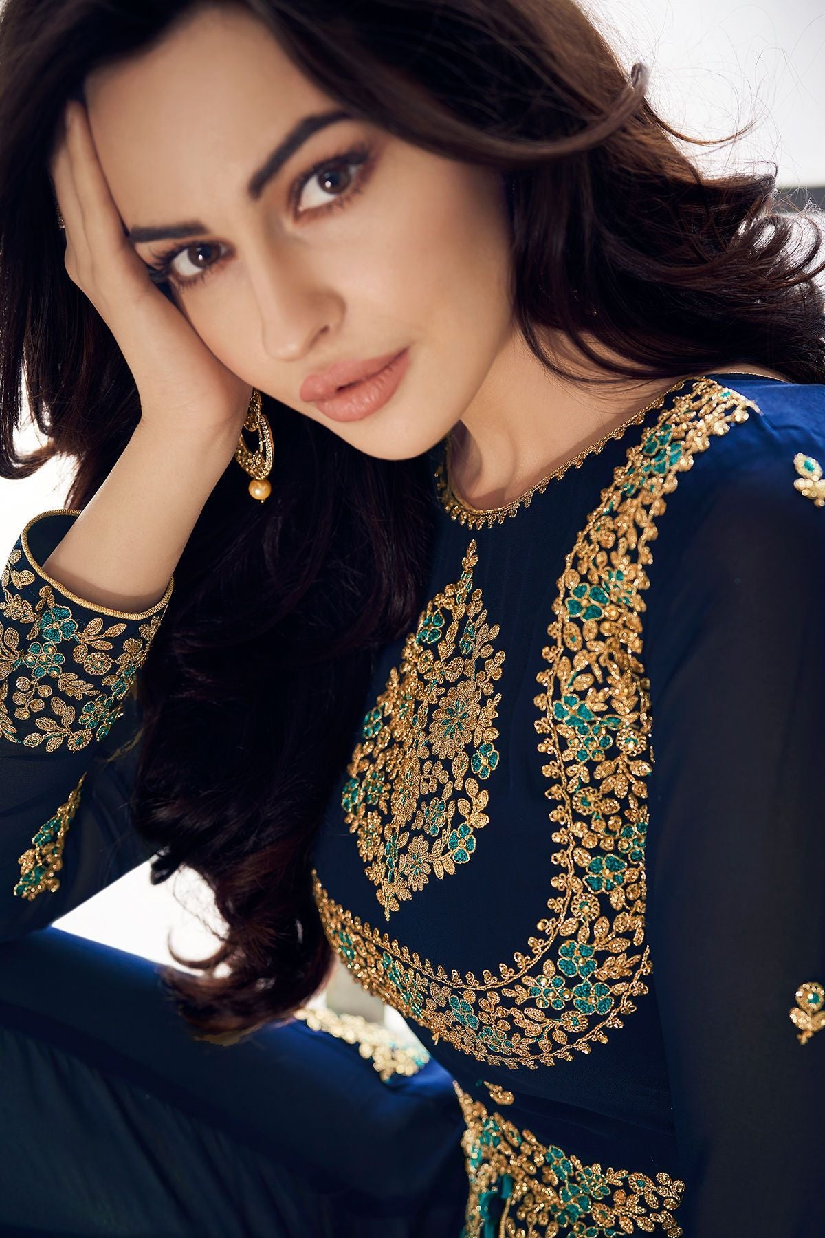 Midnight Blue Embroidered Slit Cut Suit