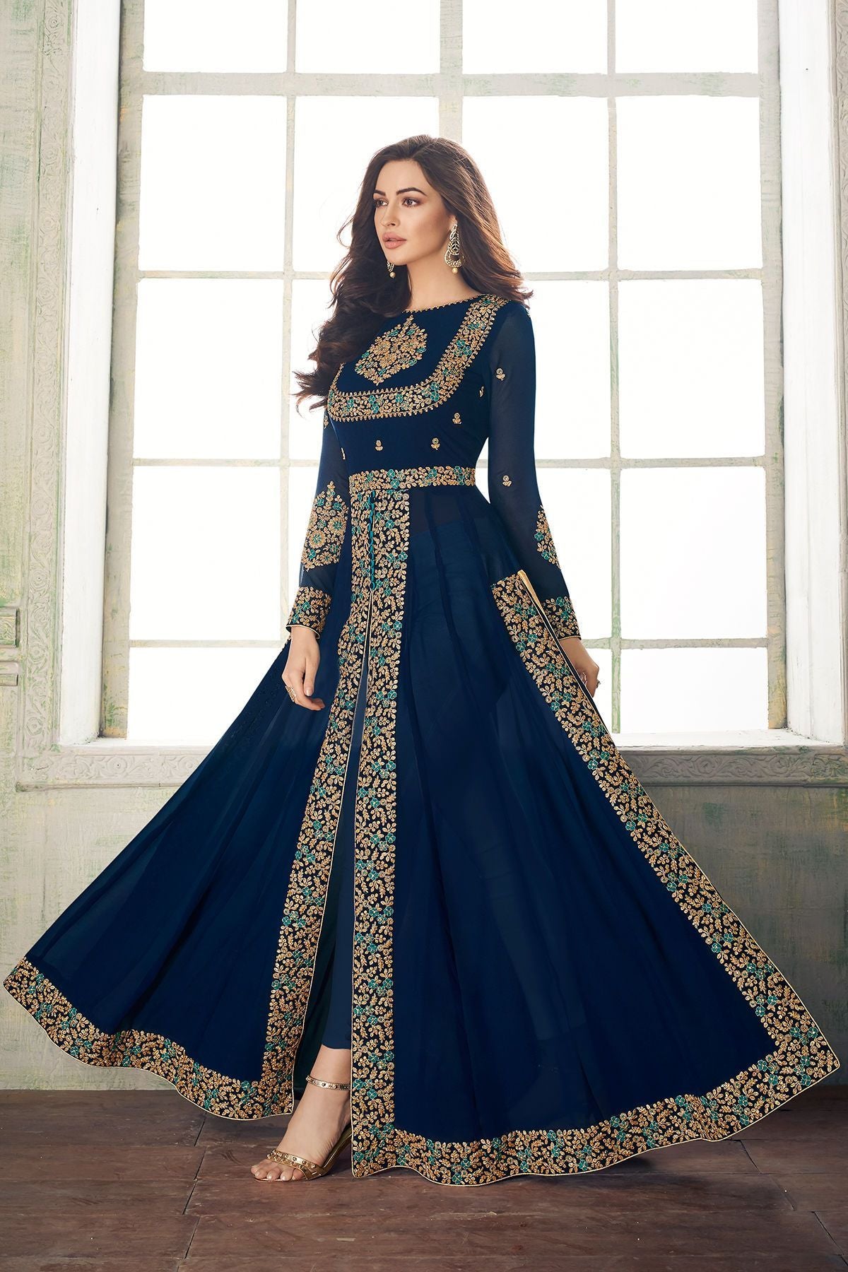 Midnight Blue Embroidered Slit Cut Suit