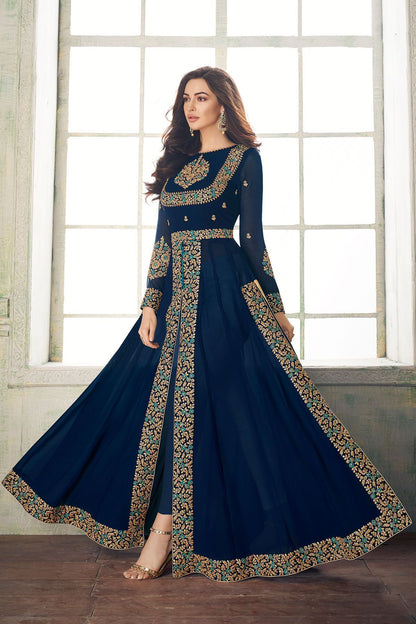 Midnight Blue Embroidered Slit Cut Suit