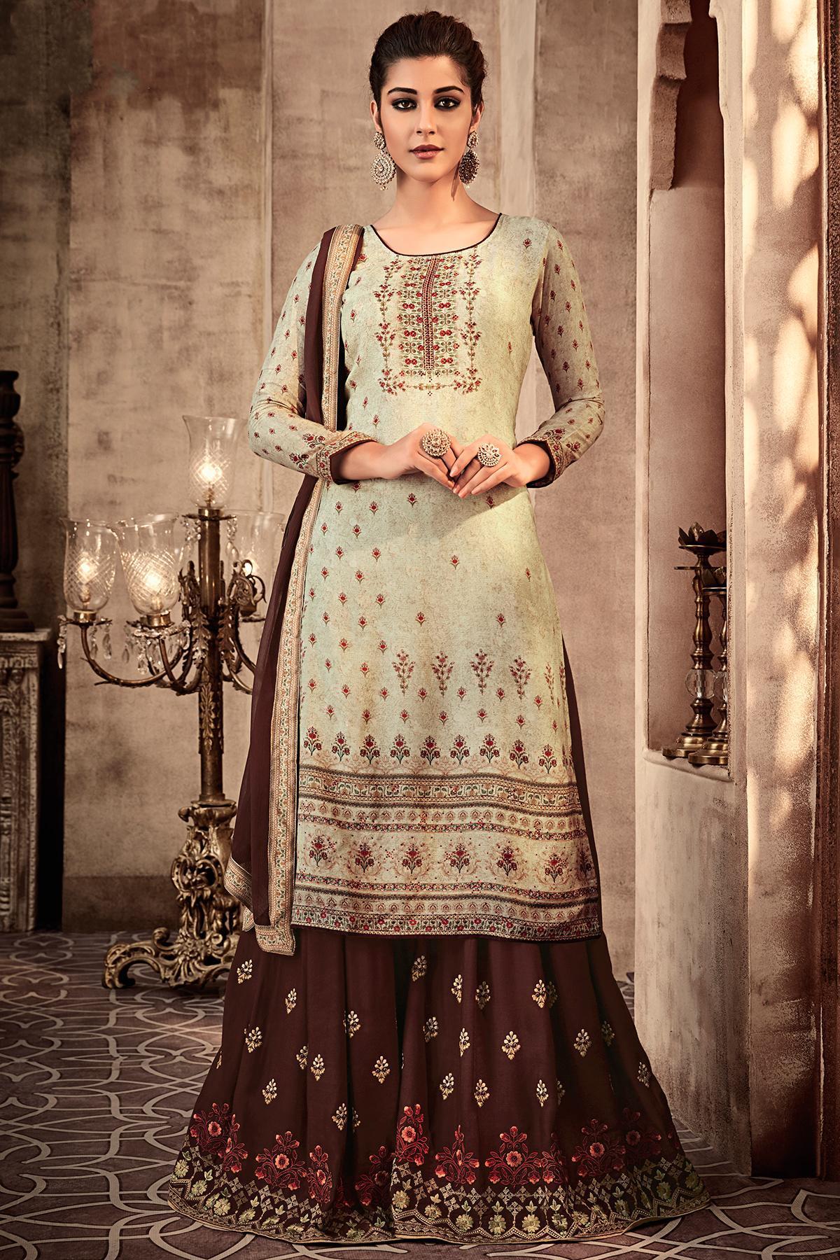 Mint and Dark Brown Printed Designer Sharara Suit