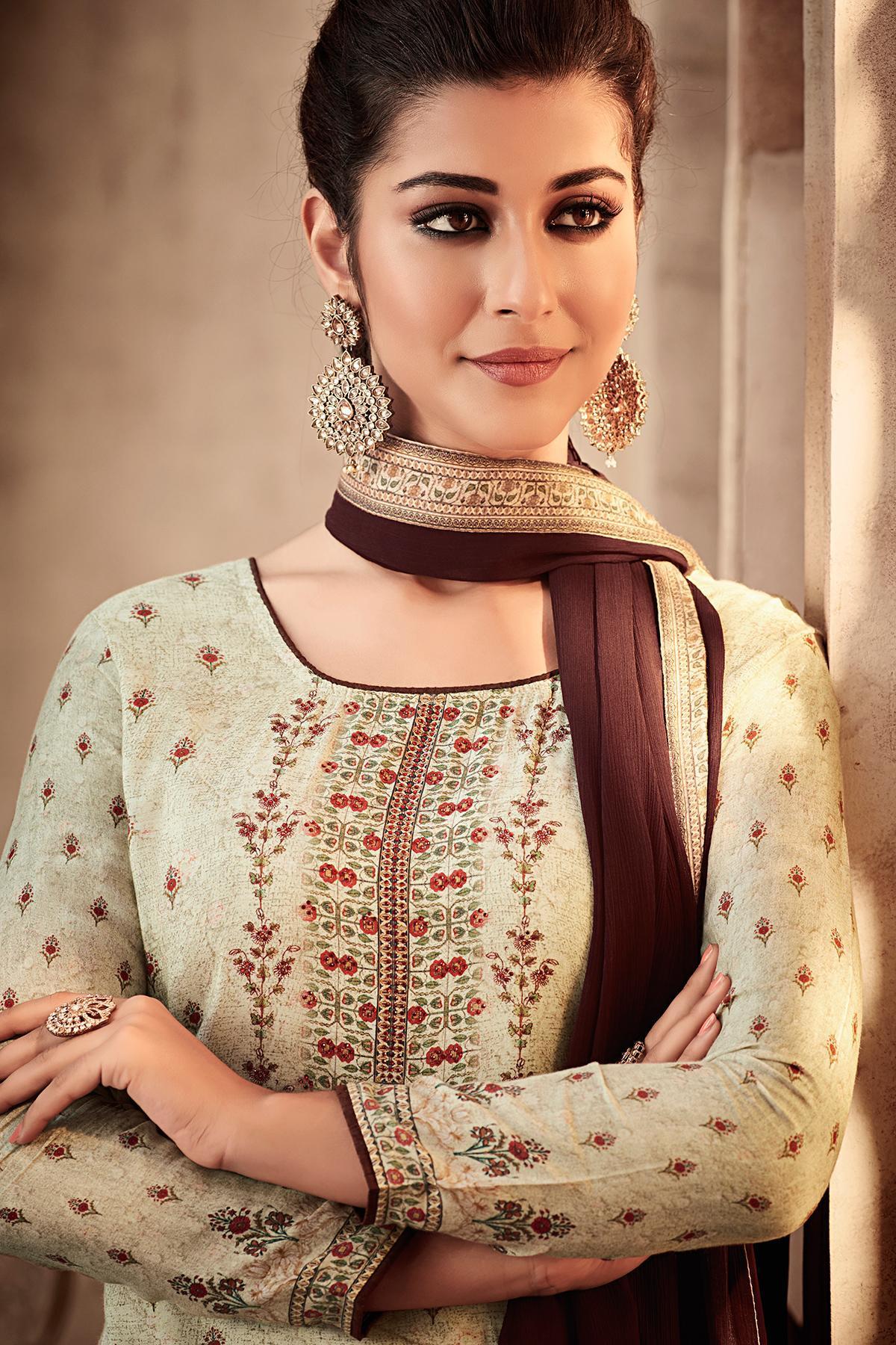Mint and Dark Brown Printed Designer Sharara Suit