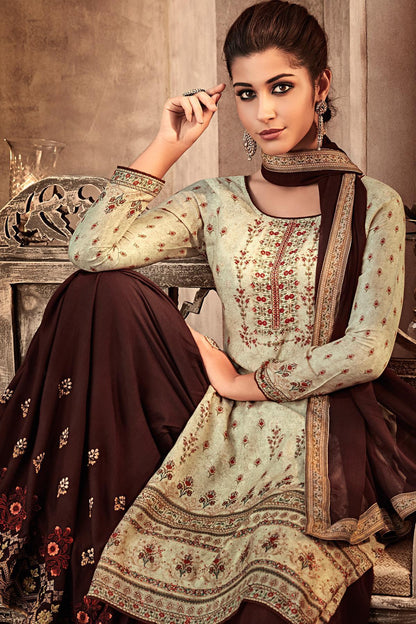 Mint and Dark Brown Printed Designer Sharara Suit