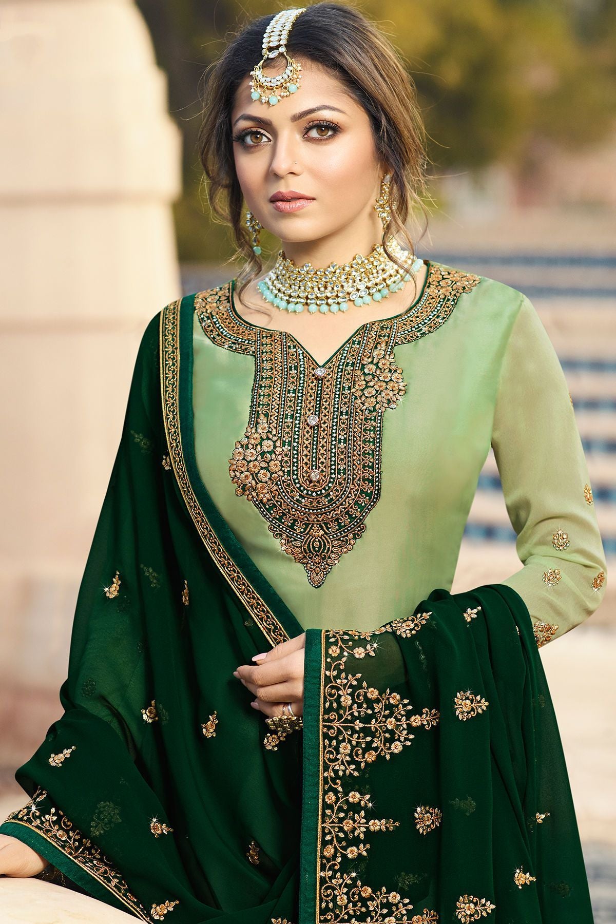 Mint and Forest Green Embroidered Sharara Suit