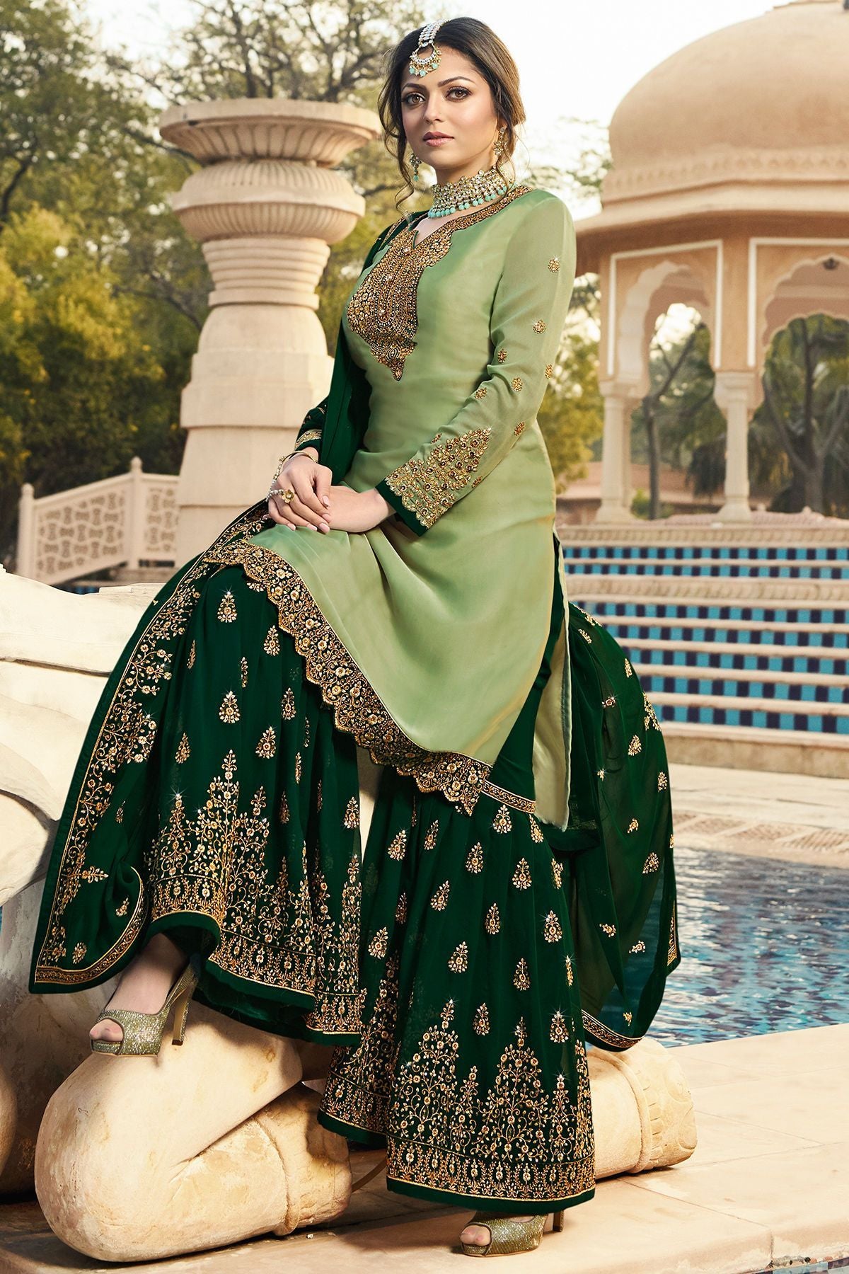 Mint and Forest Green Embroidered Sharara Suit