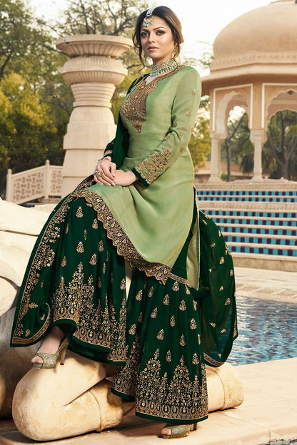 Mint and Forest Green Embroidered Sharara Suit