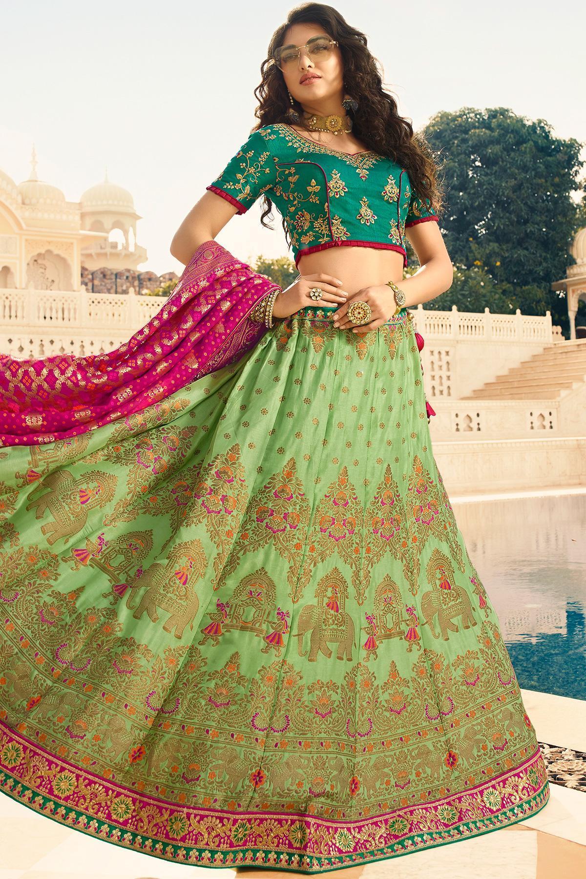 Mint Green and Ocean Blue Silk Lehenga Choli