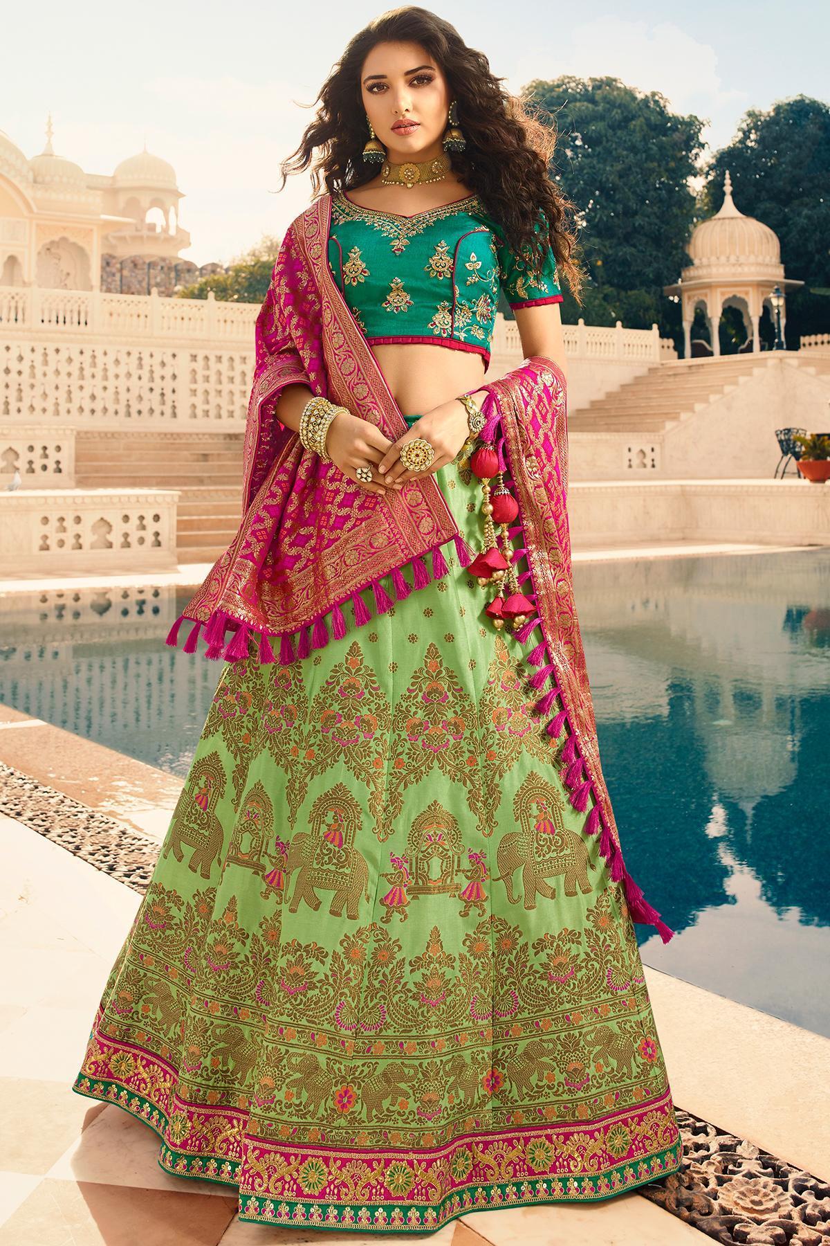 Mint Green and Ocean Blue Silk Lehenga Choli