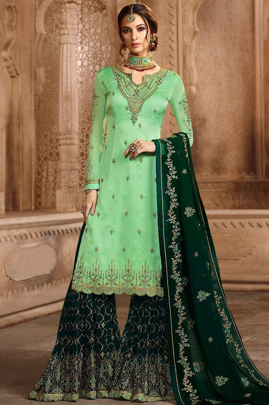 Mint Green and Pine Green Georgette Palazzo Suit