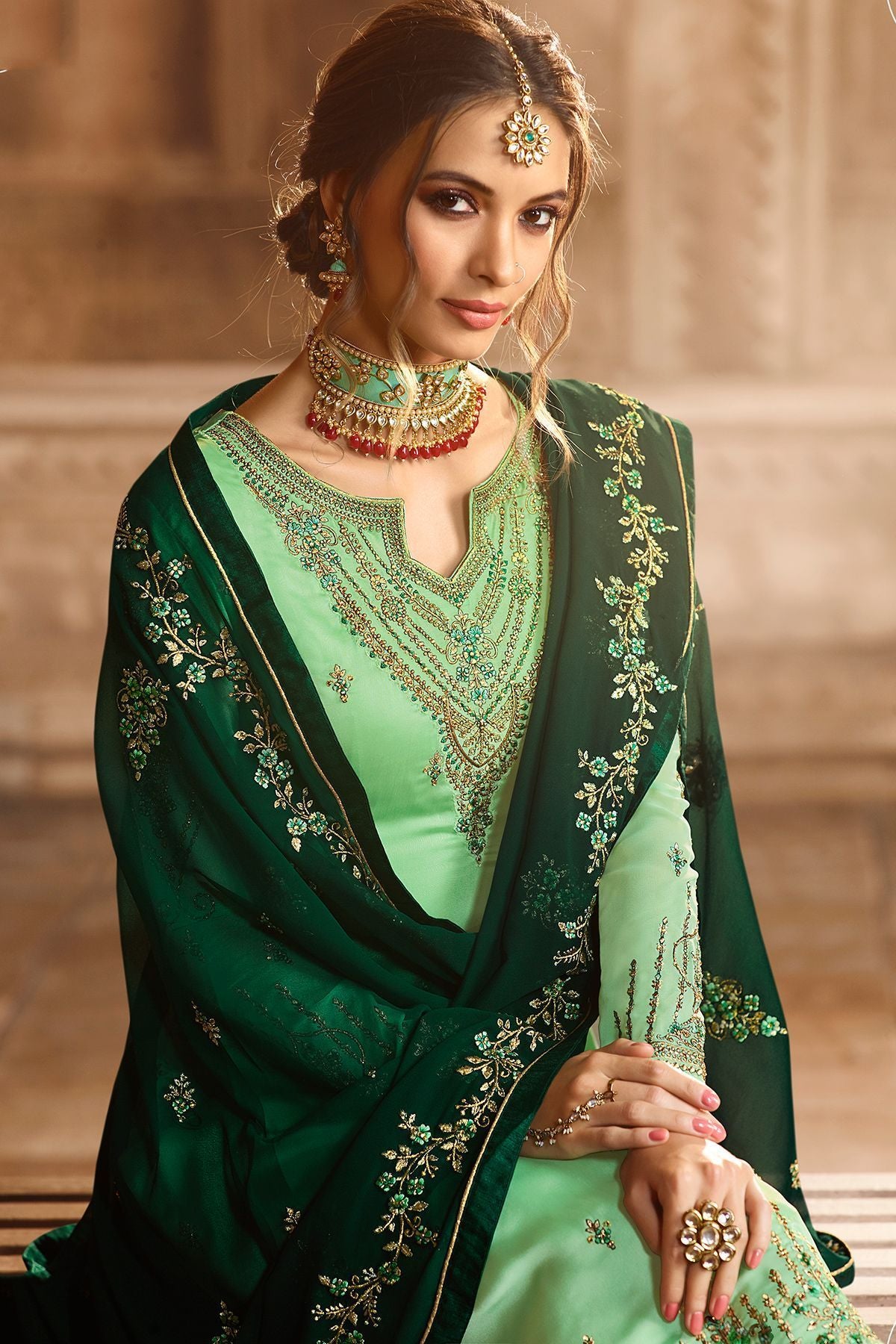 Mint Green and Pine Green Georgette Palazzo Suit
