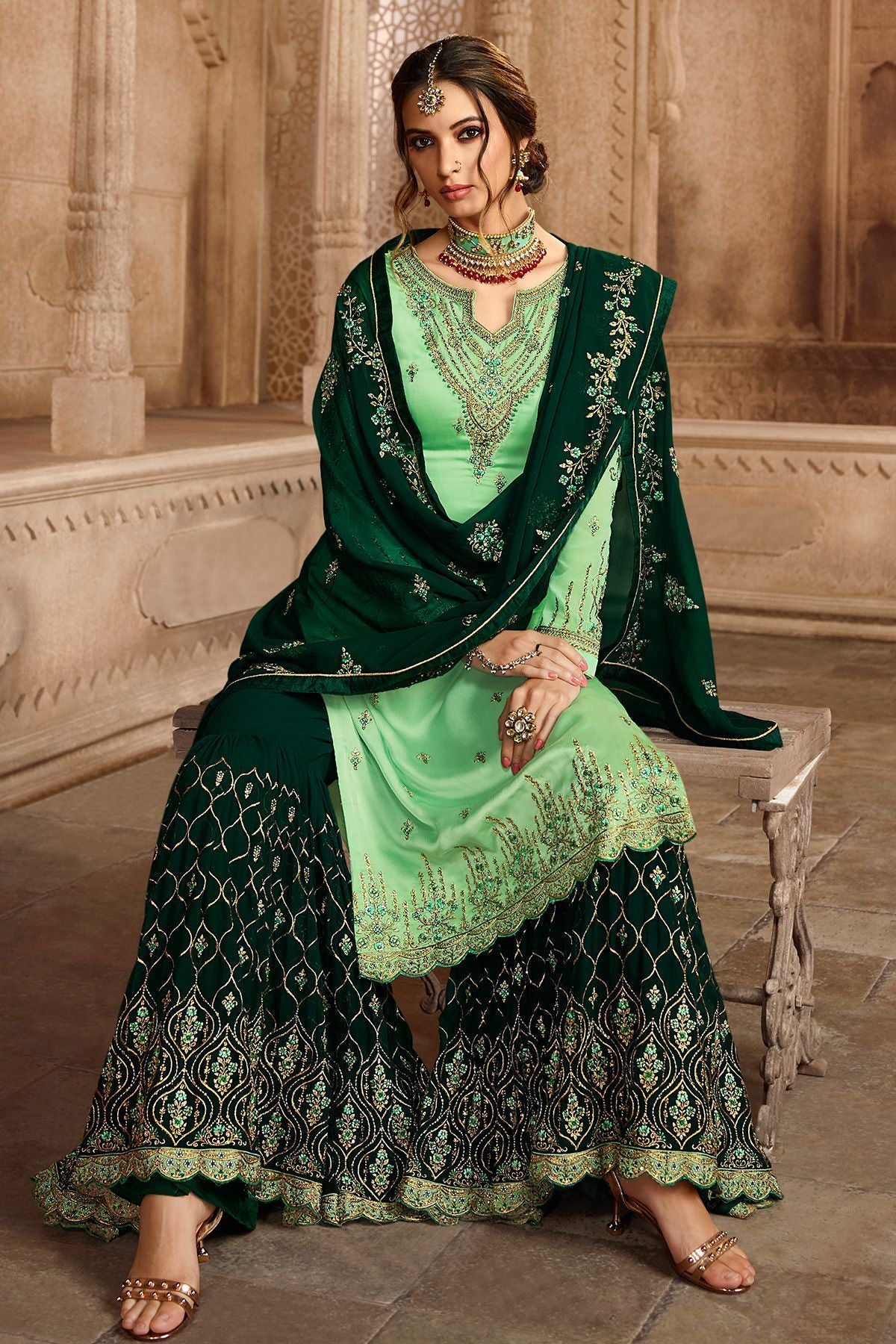 Mint Green and Pine Green Georgette Palazzo Suit