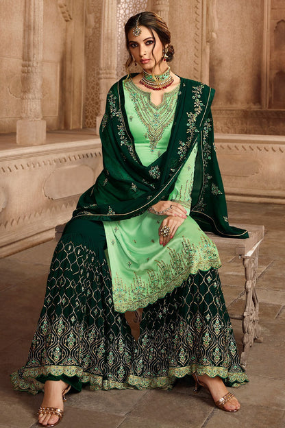 Mint Green and Pine Green Georgette Palazzo Suit