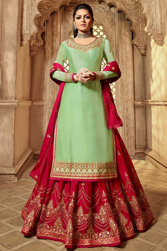 Mint Green And Red Designer Lehenga Kurti Set