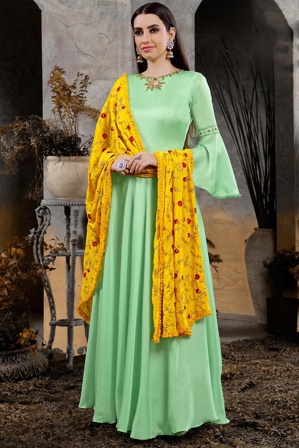 Mint Green Cotton Designer Gown