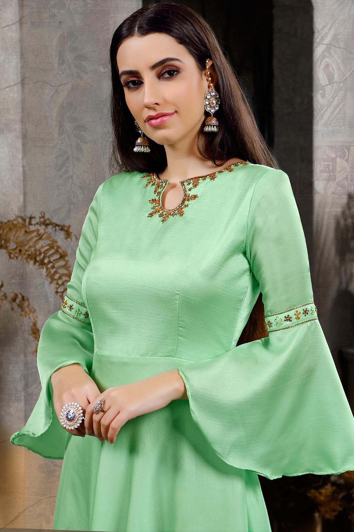 Mint Green Cotton Designer Gown