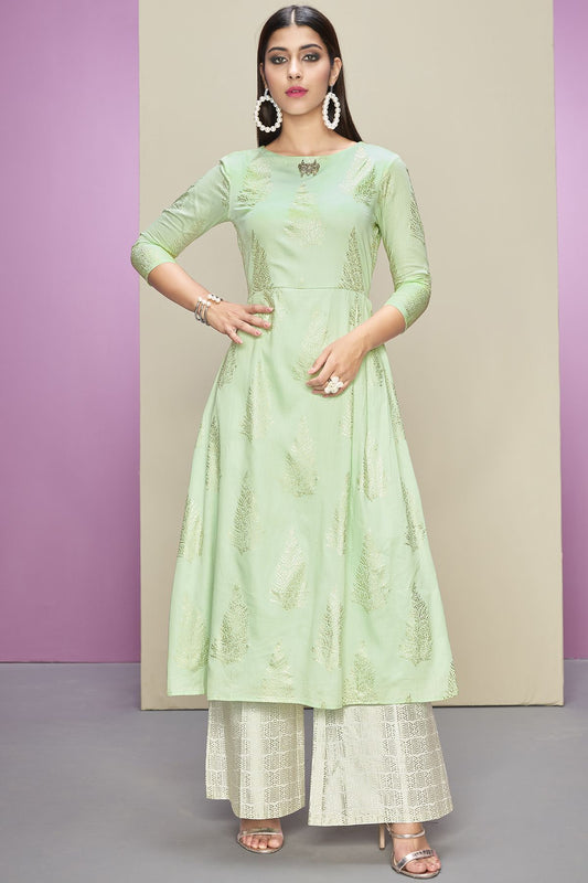 Mint Green Designer Cotton Kurti With Palazzo