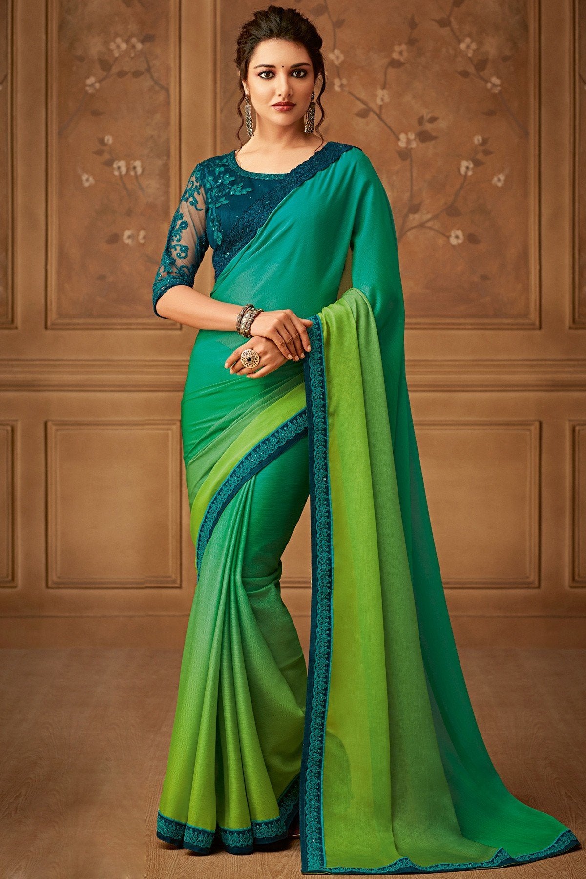Mint Green Designer Embroidered Silk Sari