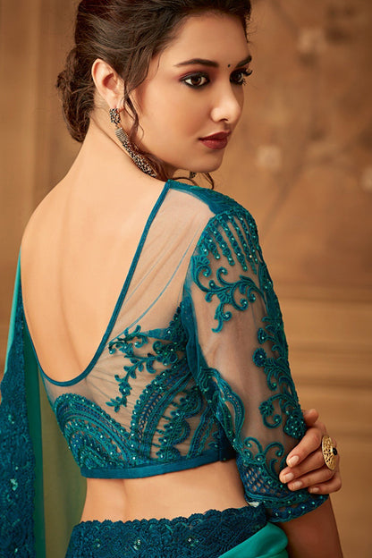 Mint Green Designer Embroidered Silk Sari