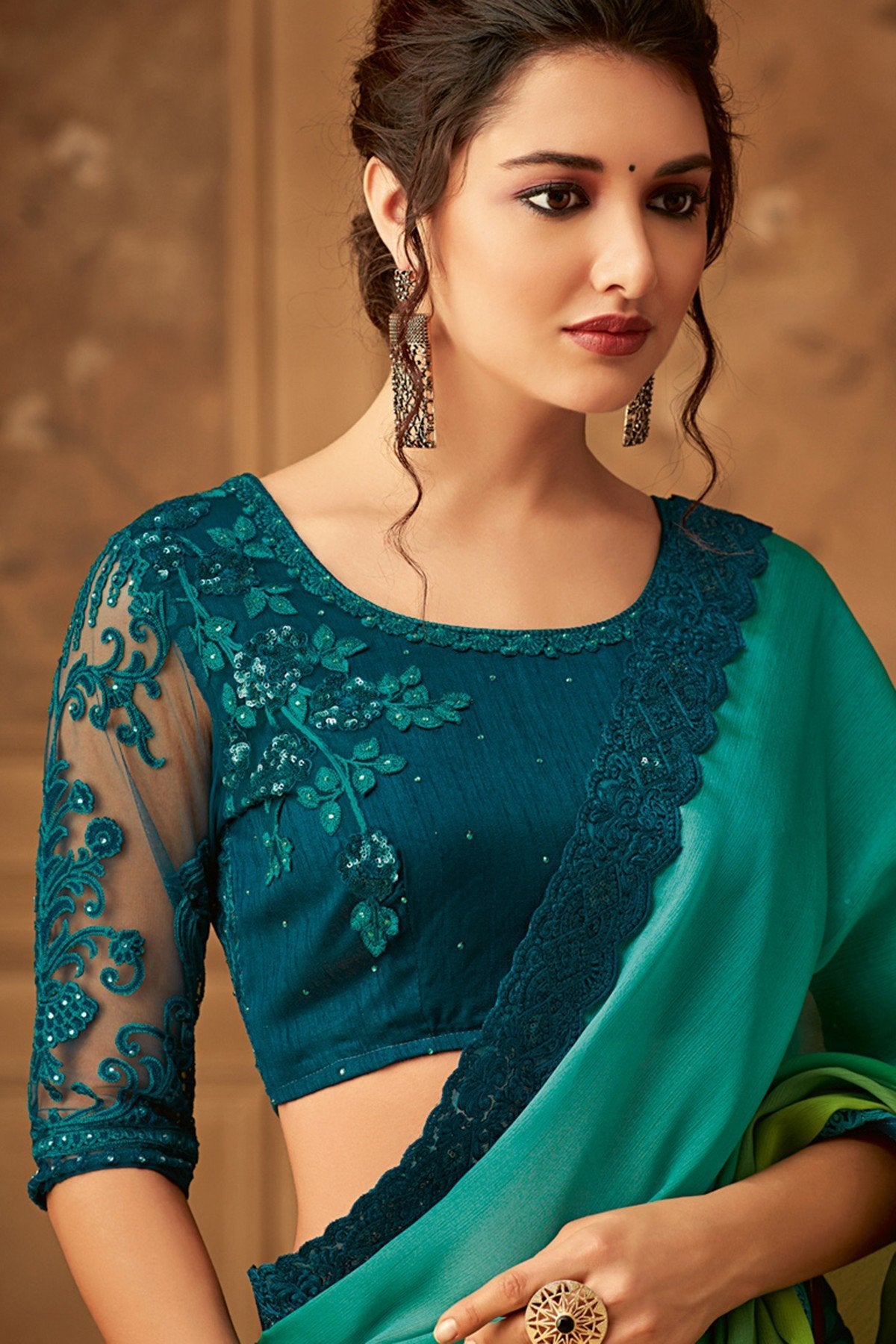 Mint Green Designer Embroidered Silk Sari