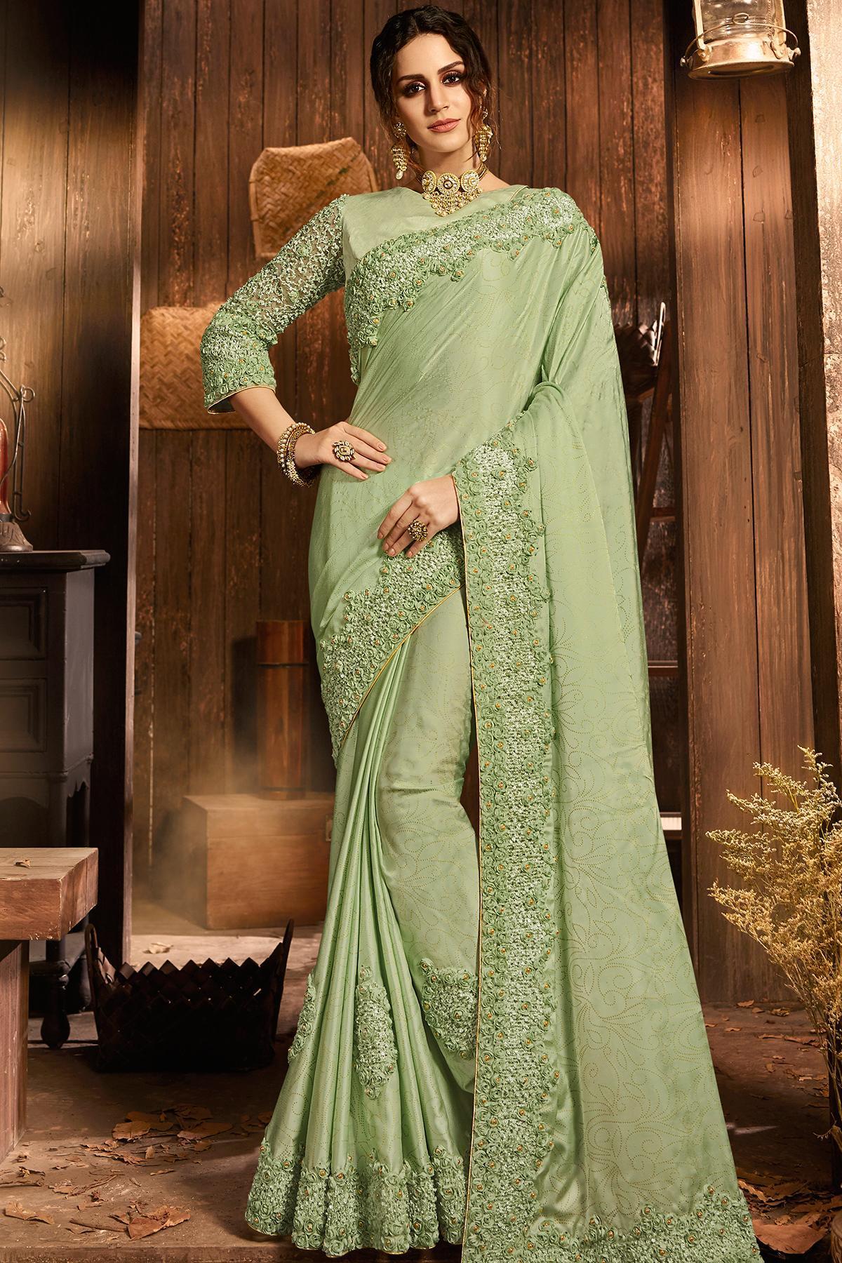 Mint Green Designer Party Wear Silk Sari