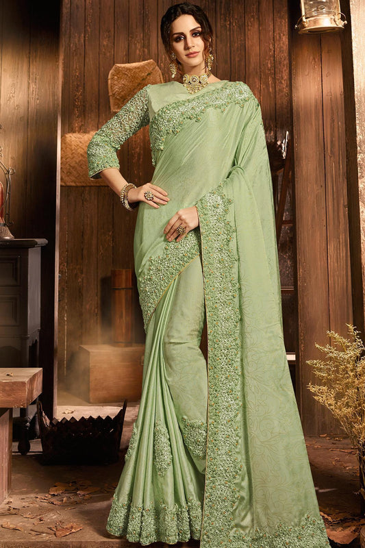 Mint Green Designer Party Wear Silk Sari