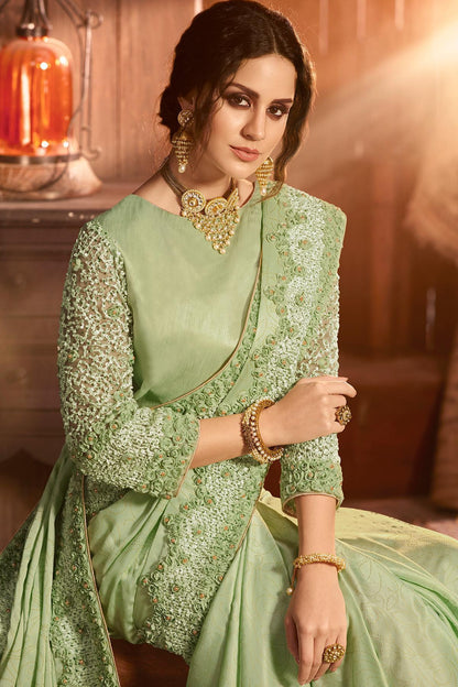 Mint Green Designer Party Wear Silk Sari