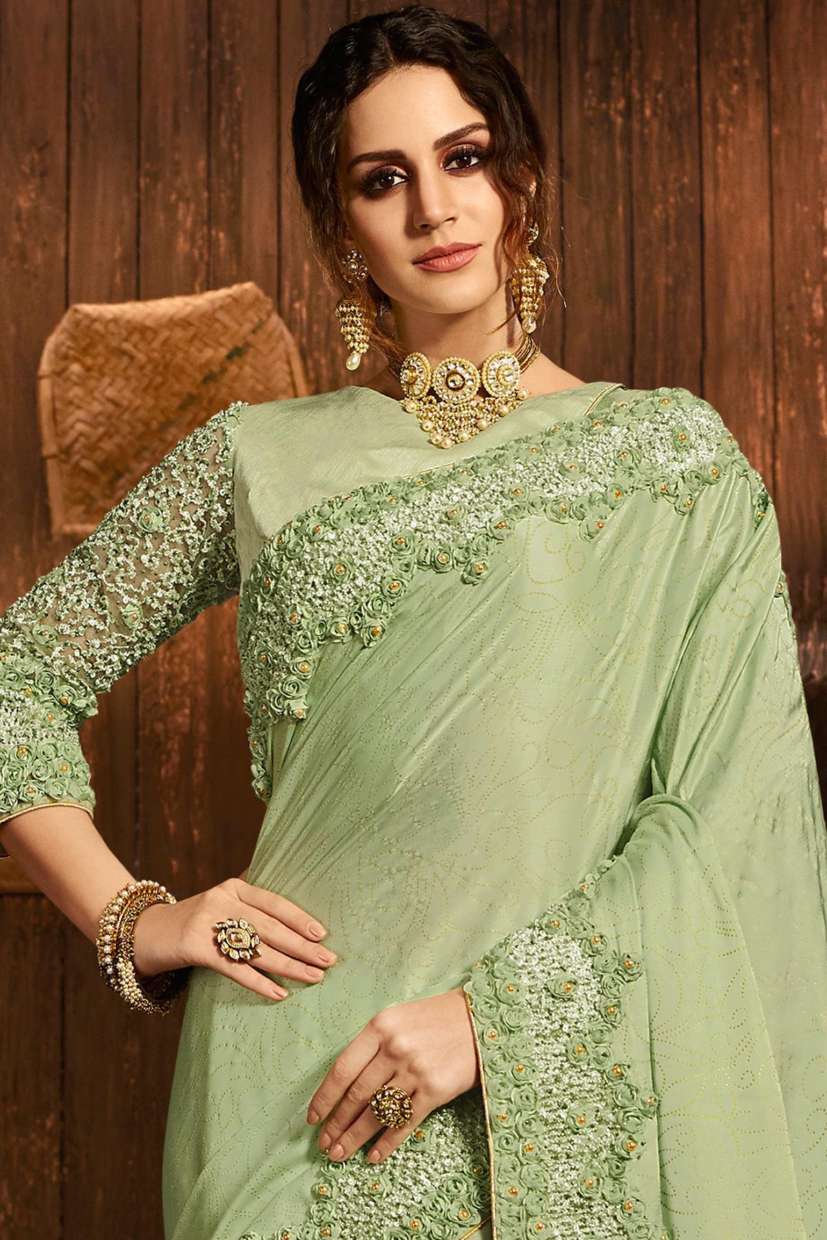 Mint Green Designer Party Wear Silk Sari