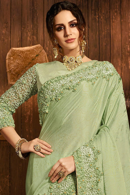 Mint Green Designer Party Wear Silk Sari