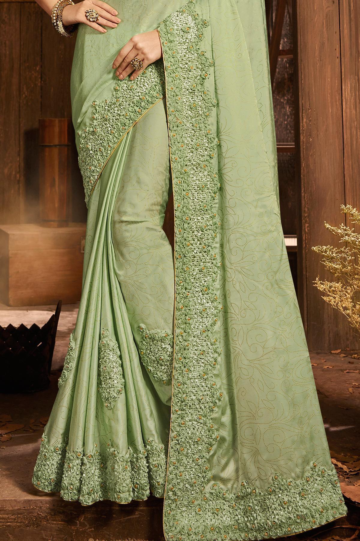 Mint Green Designer Party Wear Silk Sari