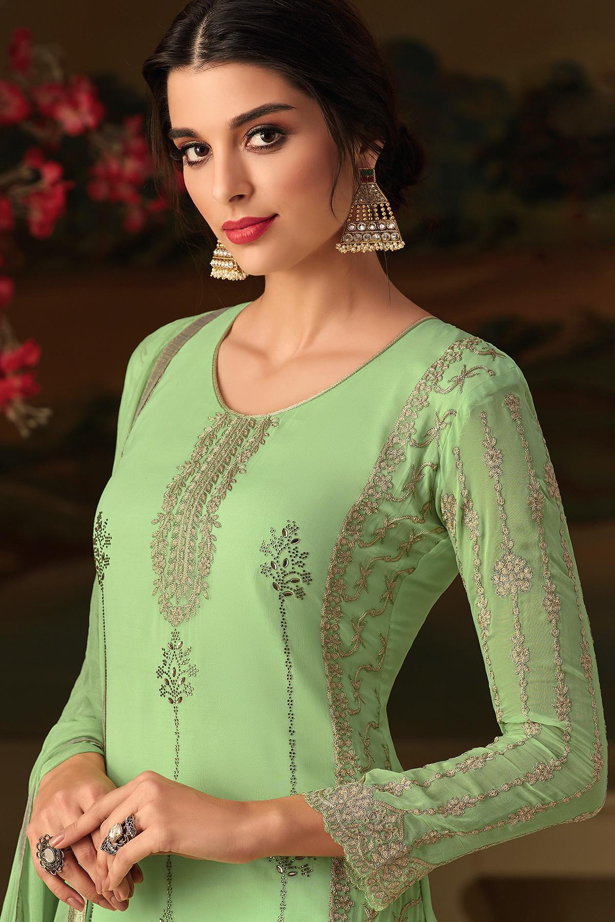 Mint Green Embroidered Designer Casual Suit