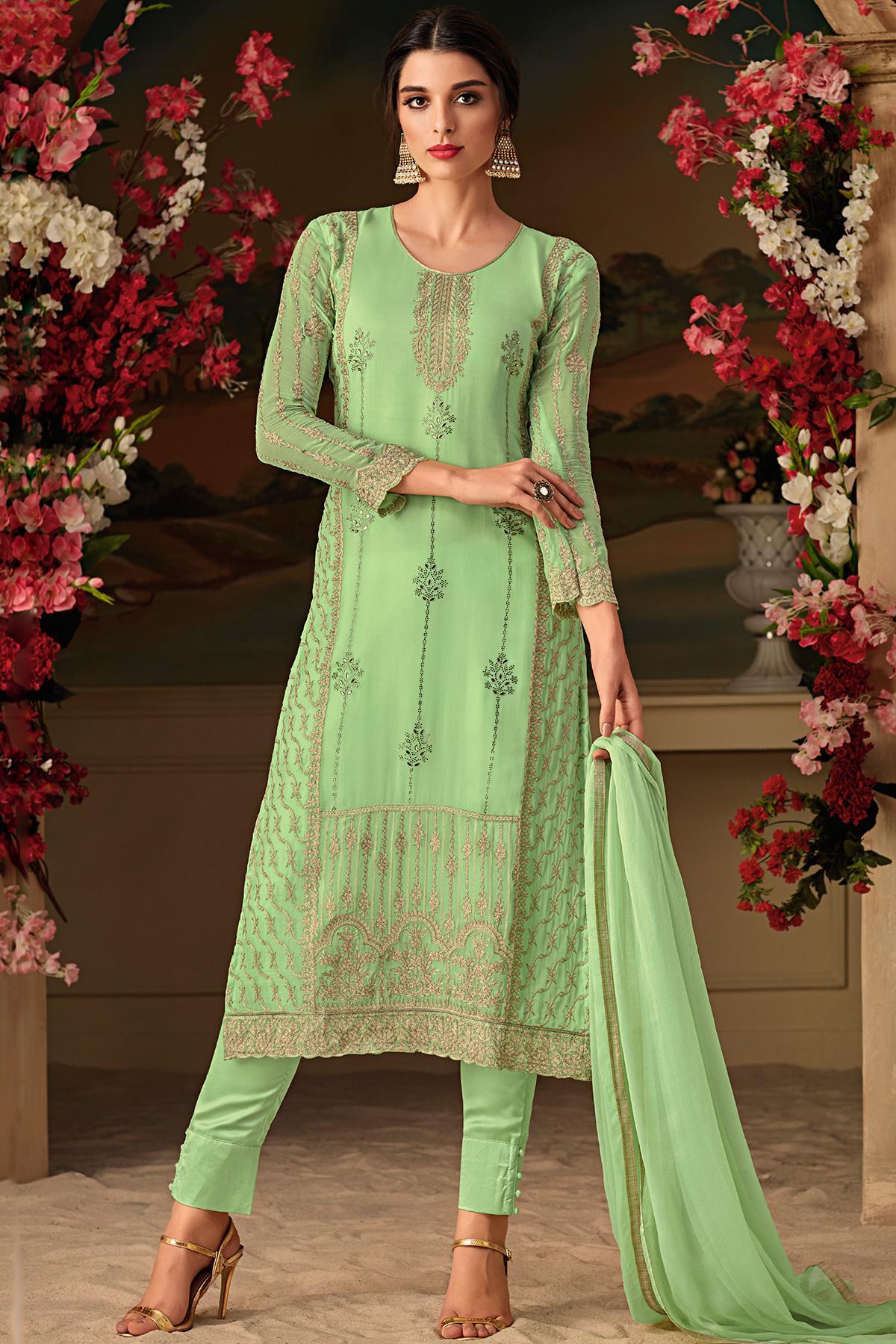 Mint Green Embroidered Designer Casual Suit
