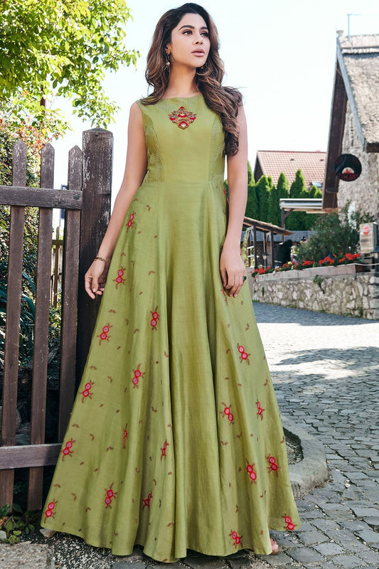 Mint Green Embroidered Designer Silk Gown