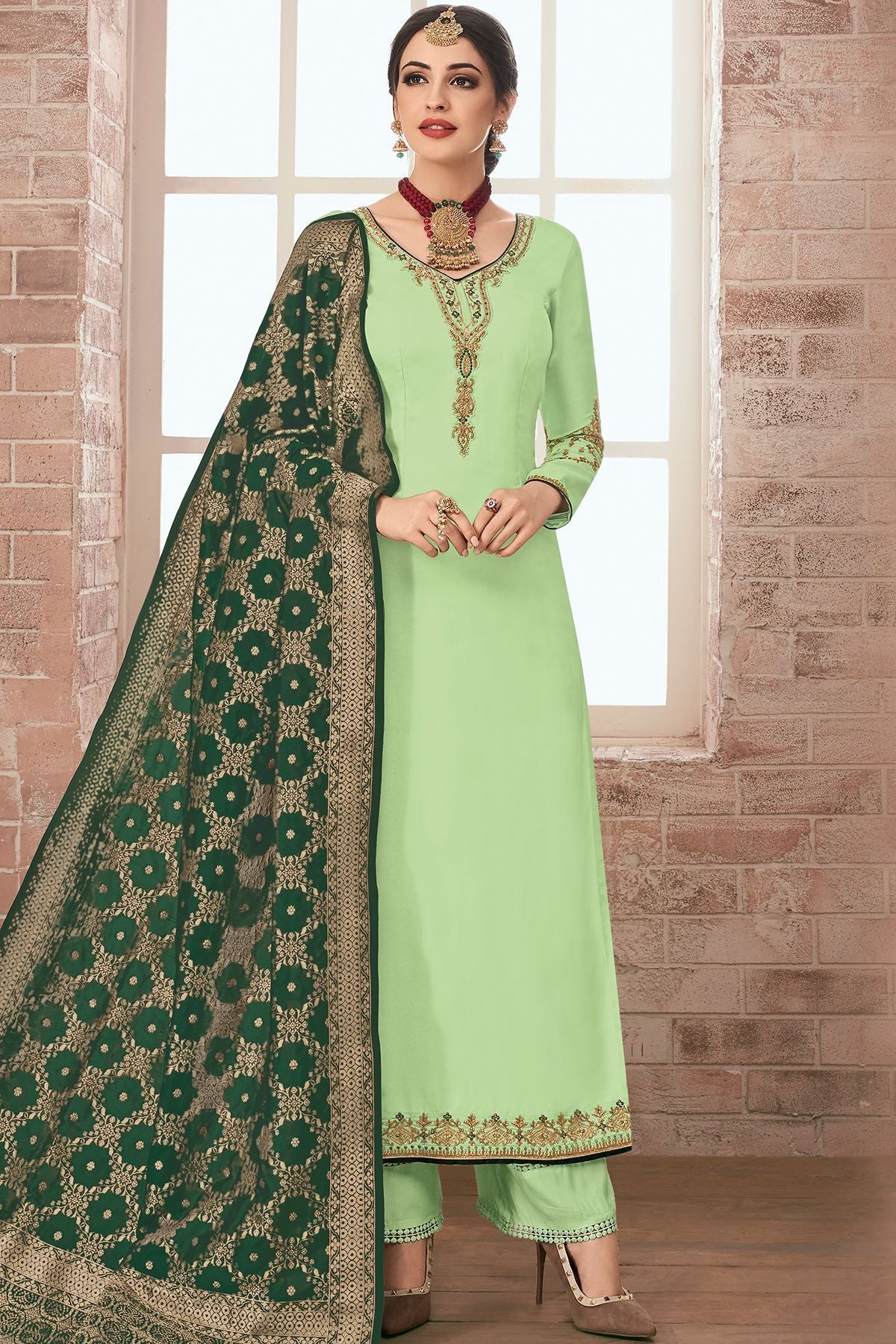Mint Green Embroidered Georgette Straight Suit
