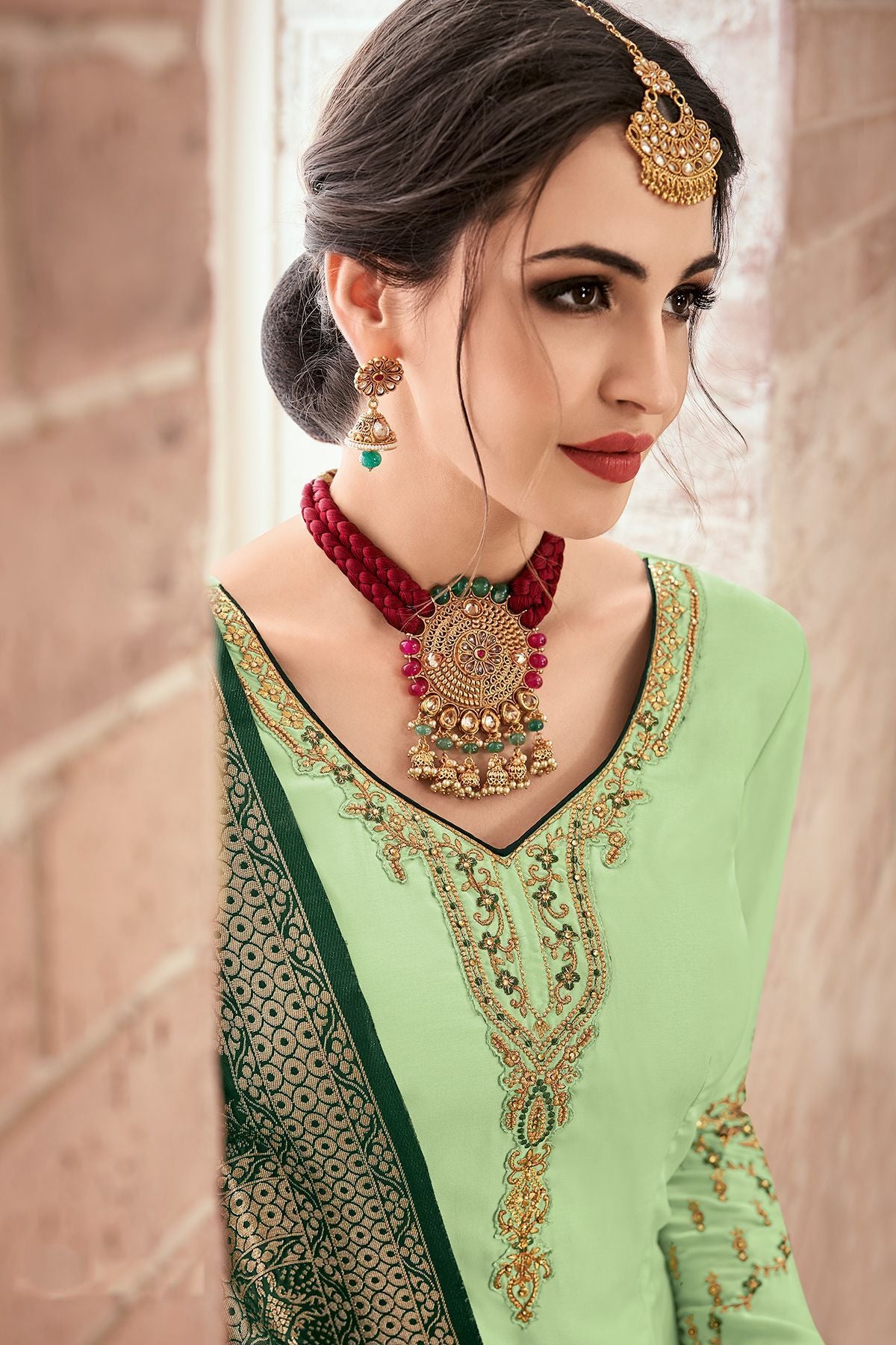 Mint Green Embroidered Georgette Straight Suit