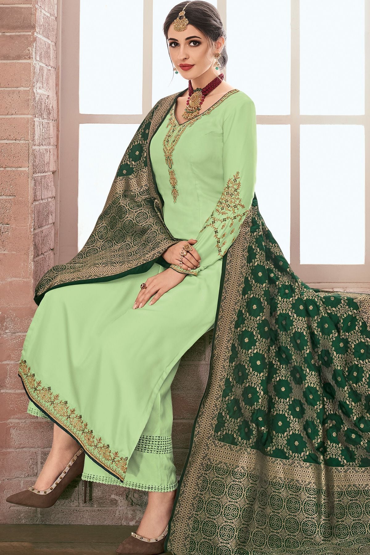 Mint Green Embroidered Georgette Straight Suit