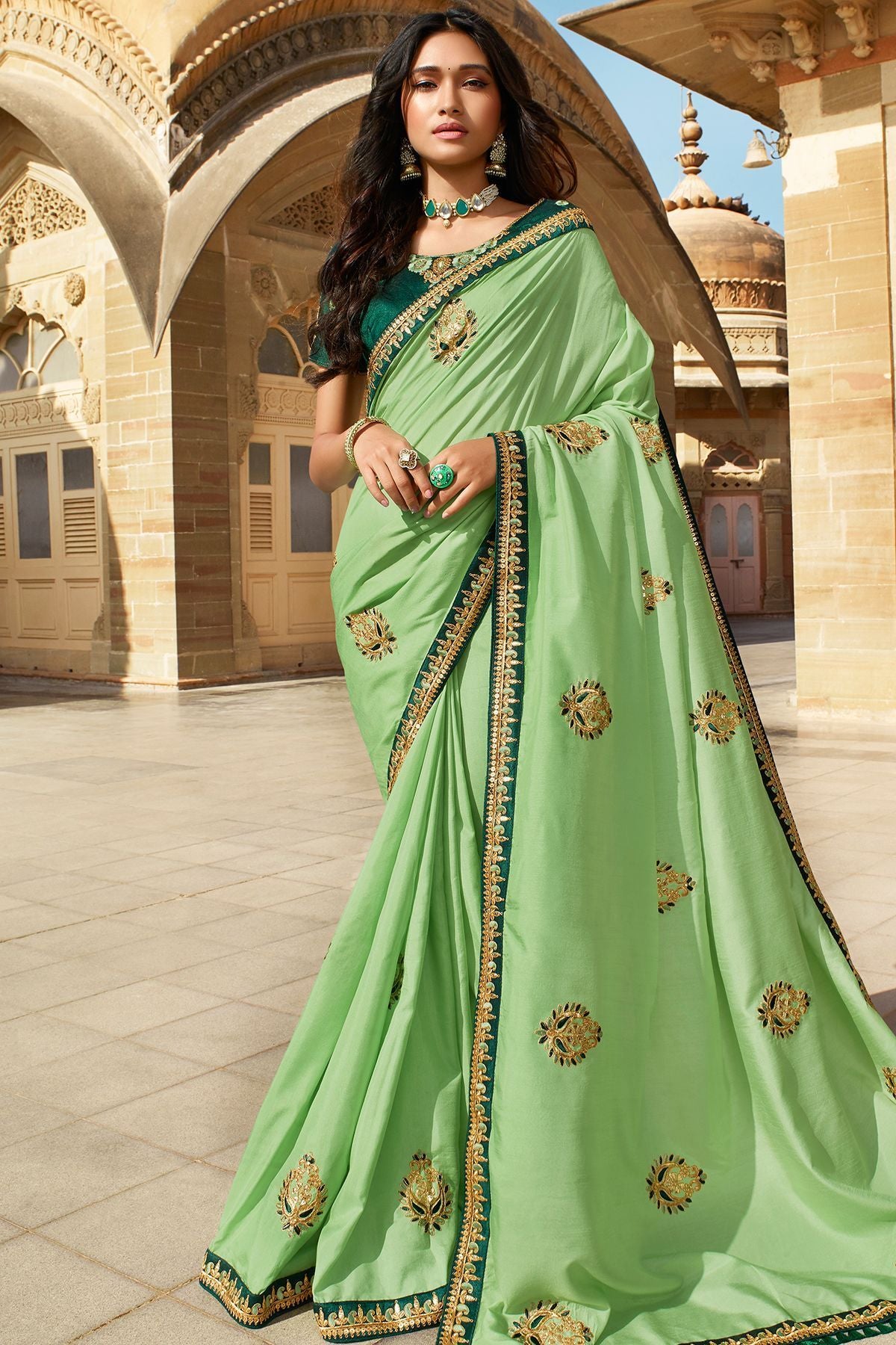Minty and Pine Green Dola Silk Sari