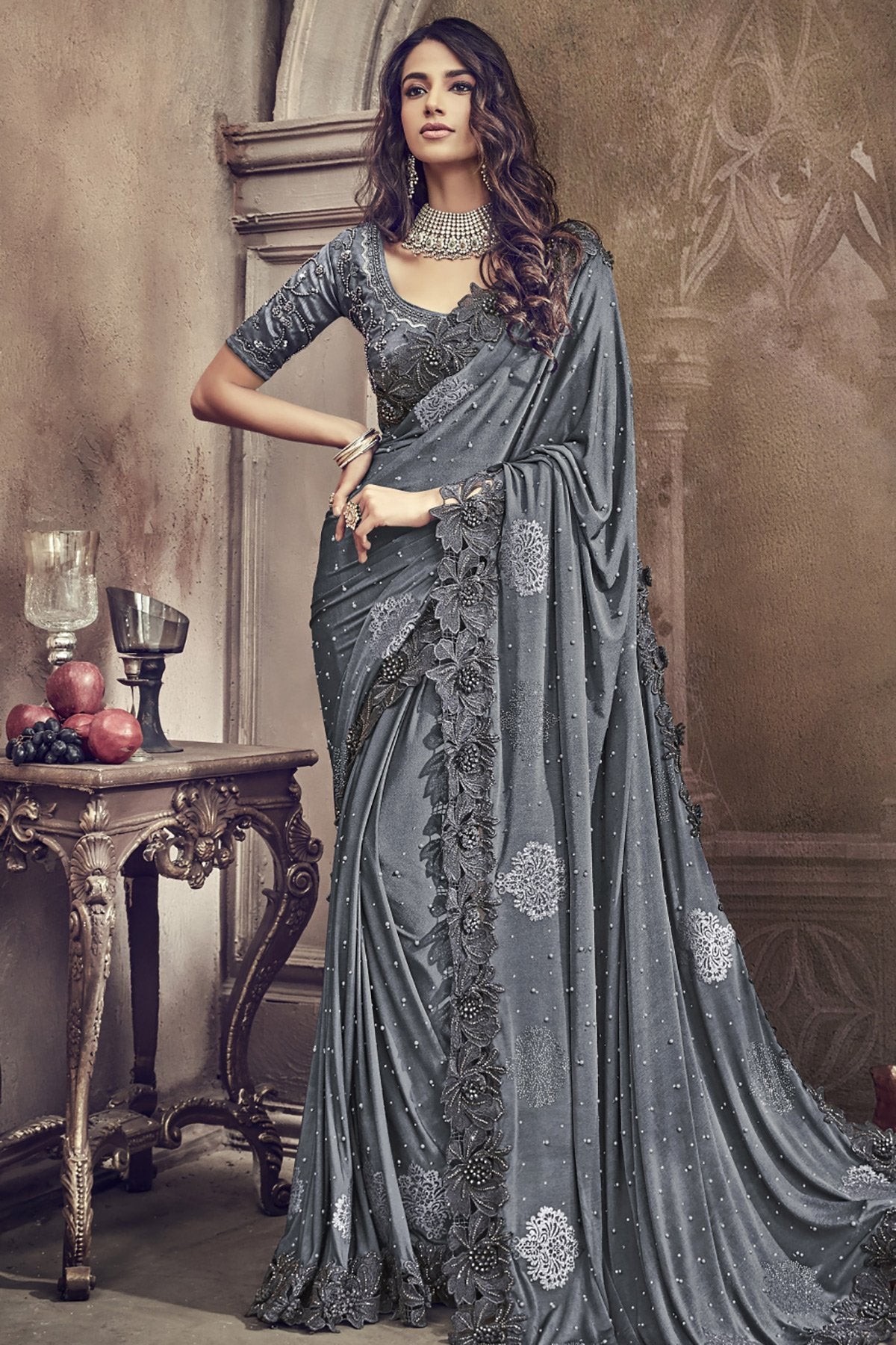 Grey Designer Party Wear Silk Saree