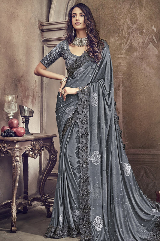 Grey Designer Party Wear Silk Saree