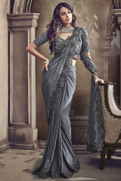 Grey Designer Party Wear Silk Saree