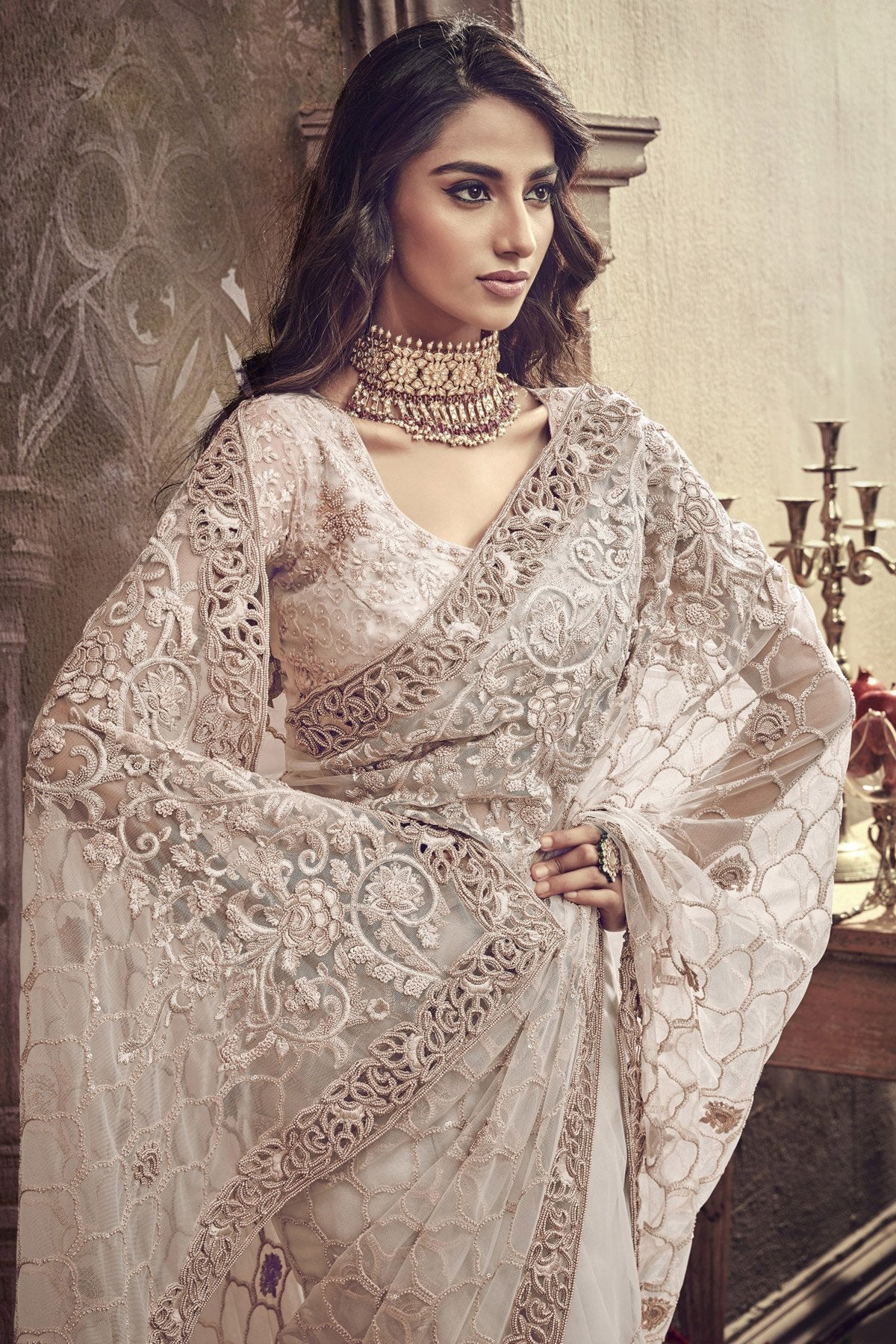 White net Designer Party Wear Saree