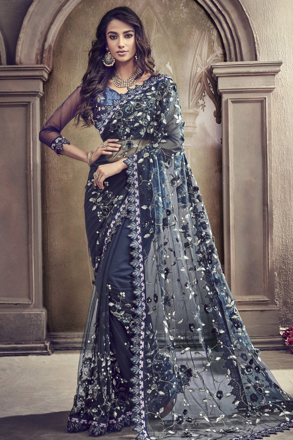 Navy Blue net Designer Party Wear Saree