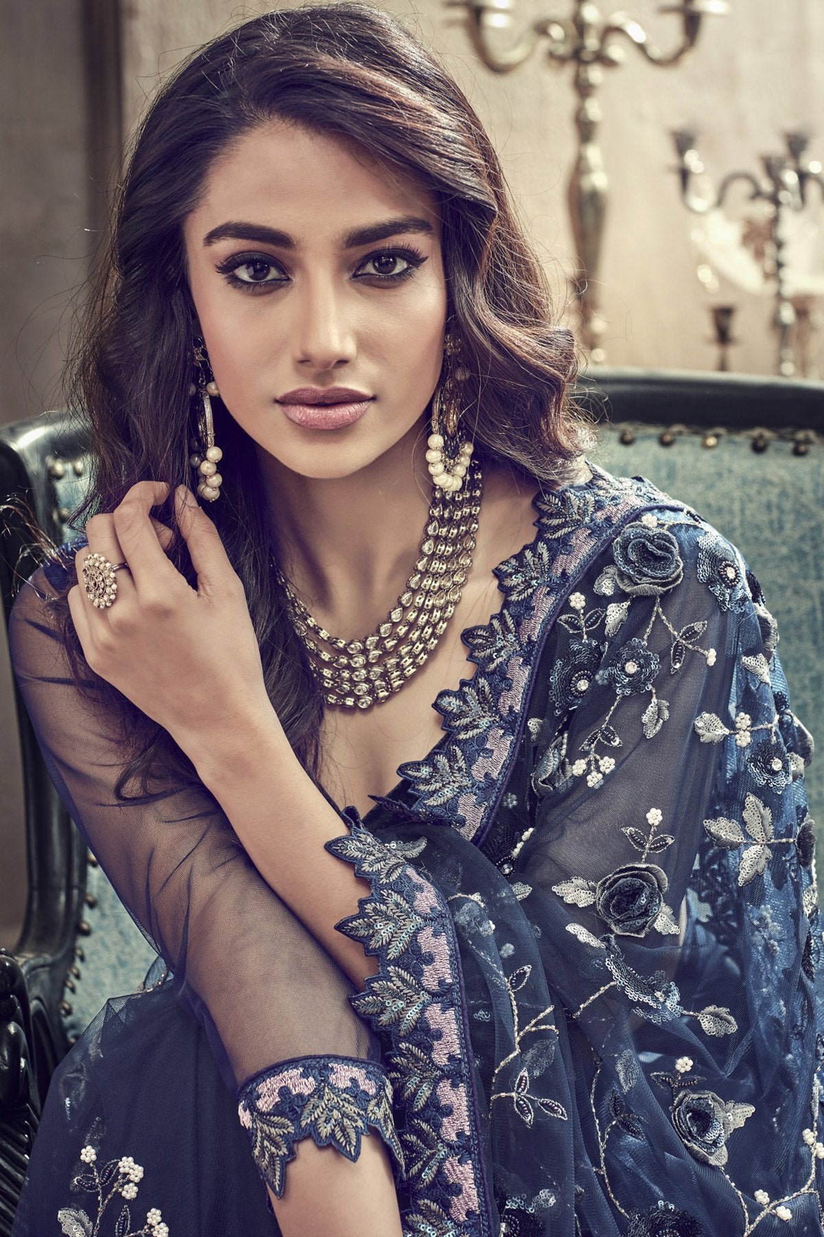 Navy Blue net Designer Party Wear Saree