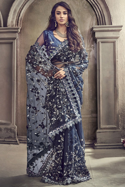 Navy Blue net Designer Party Wear Saree