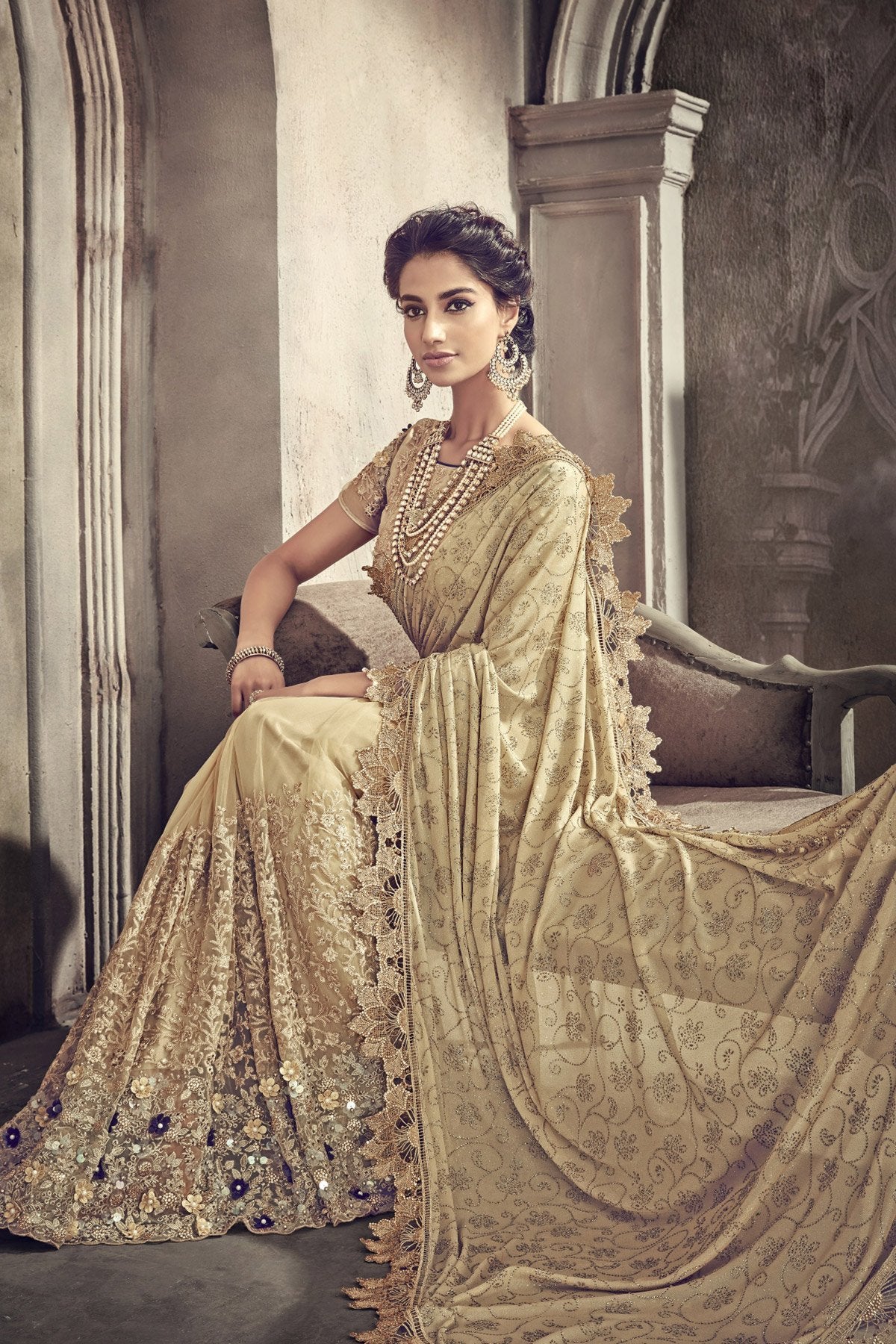 Brown net Designer Party Wear Saree