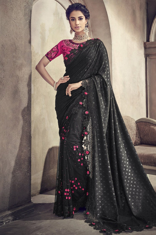 Black and Pink Designer Party Wear Silk Saree