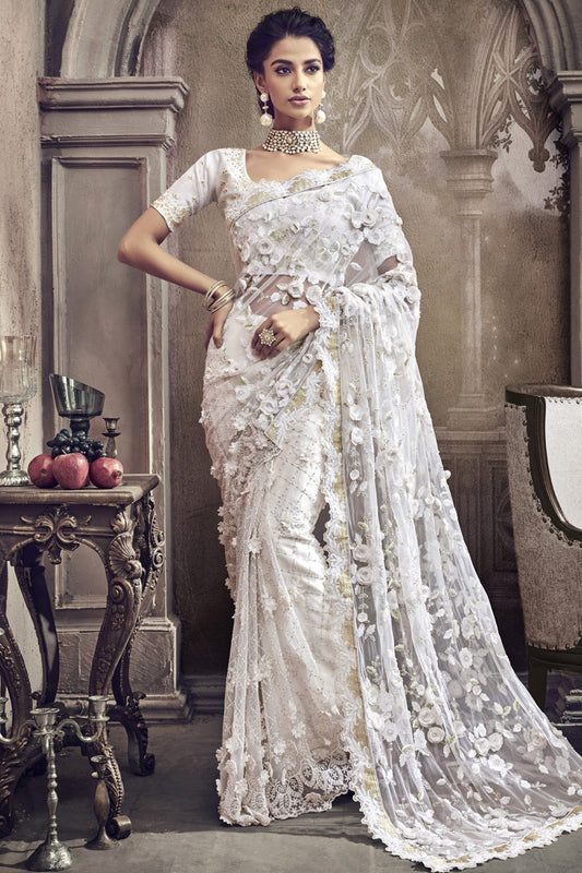 White colored net Designer Party Wear Saree