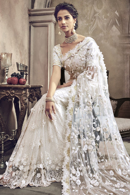 White colored net Designer Party Wear Saree